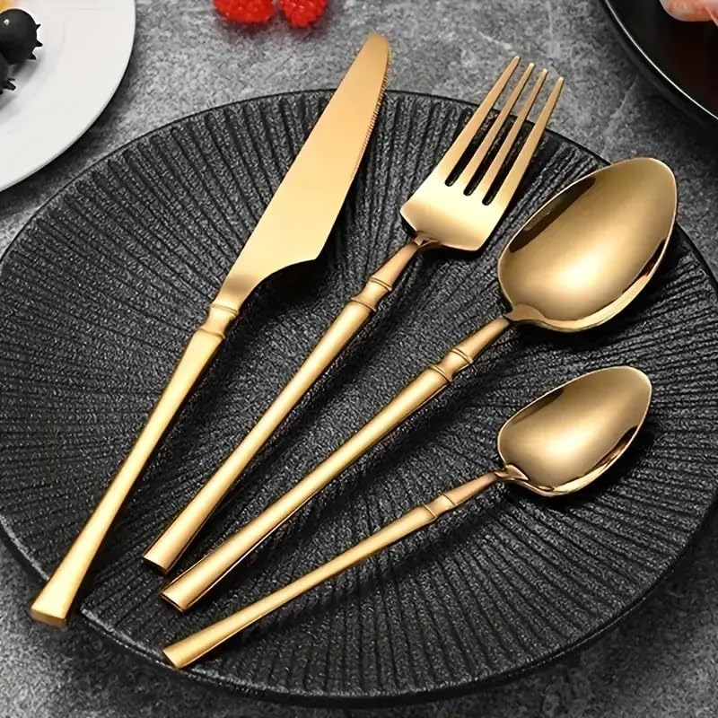 Image of aDai Mirror Finish 20-Piece Korean Vintage Style Flatware Set with Gift Box | Dishwasher Safe Stainless Steel Cutlery for Home, Restaurant & Gifting (Gold)
