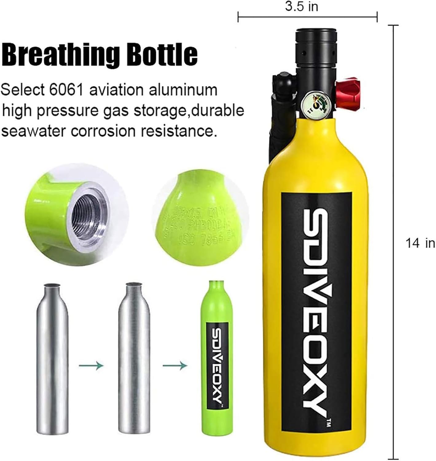 Attrezzatura per Bombole per Immersioni Subacquee con capacità di 15-20 Minuti, Mini Bombole di Ossigeno per La Respirazione, Materiale Resistente alla Pressione E alla Corrosione Co, Yellow