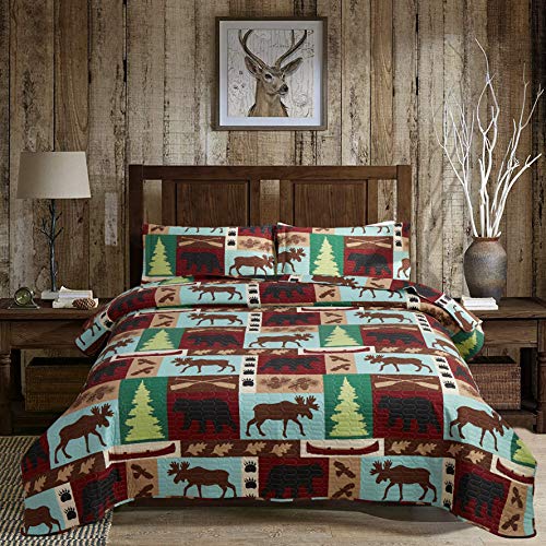 Oliven Lightweight Summer Lodge Moose Bear Quilt Set King Size Rustic Cabin Bedspreads Christmas Tree Eagle Bear Paw Pine Cones Printed Coverlet Soft Blanket Set with 2 King Pillow Shams