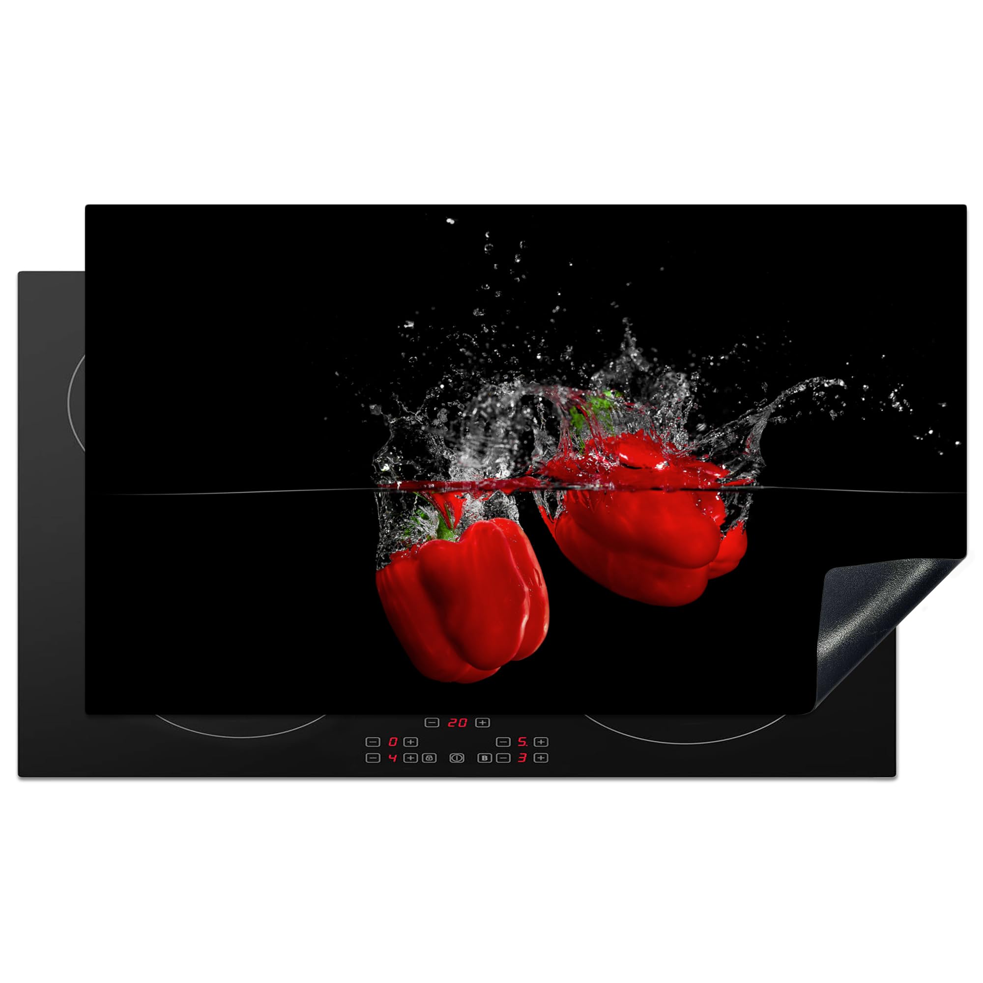 KitchenYeah© Induction Hob Protector Mat 20.5"x35.4" / 90x52 cm Stove Cap Top Cover Kitchen Cooker Covers for Electric Hobs Vinyl Pepper - Vegetable - Still Life - Water - Red