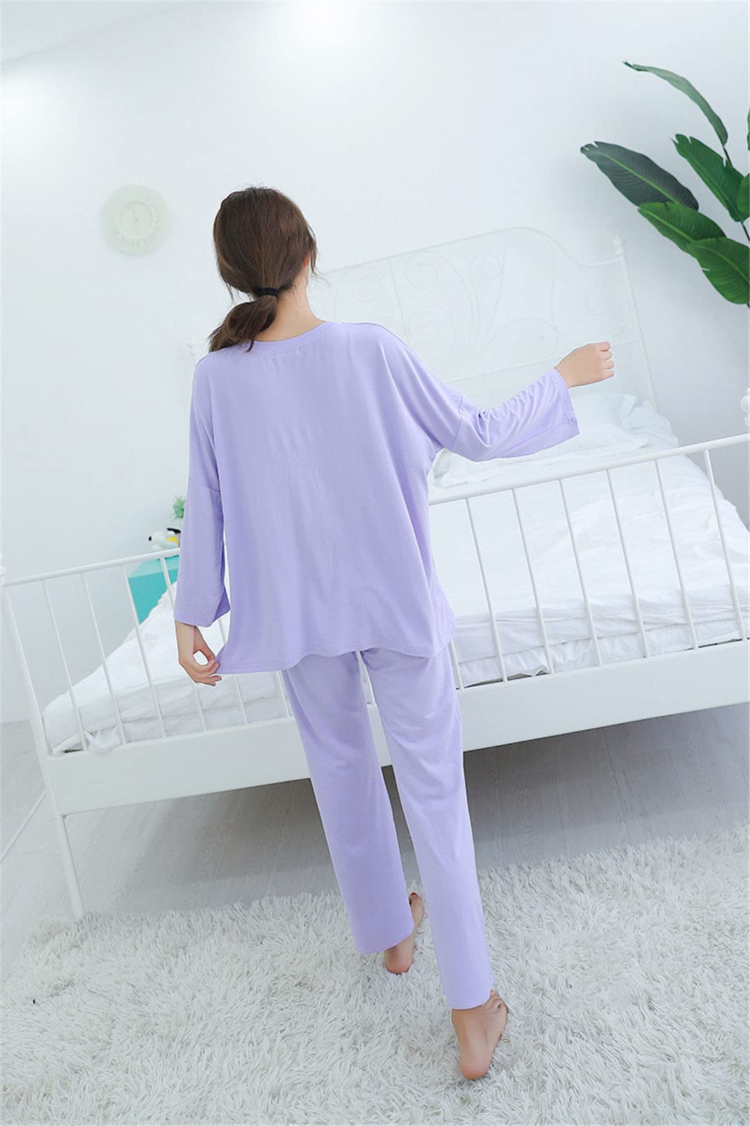 Conjunto de pijama de manga larga de algodón modal cómodo otoño e invierno para mujer, Negro, XXL