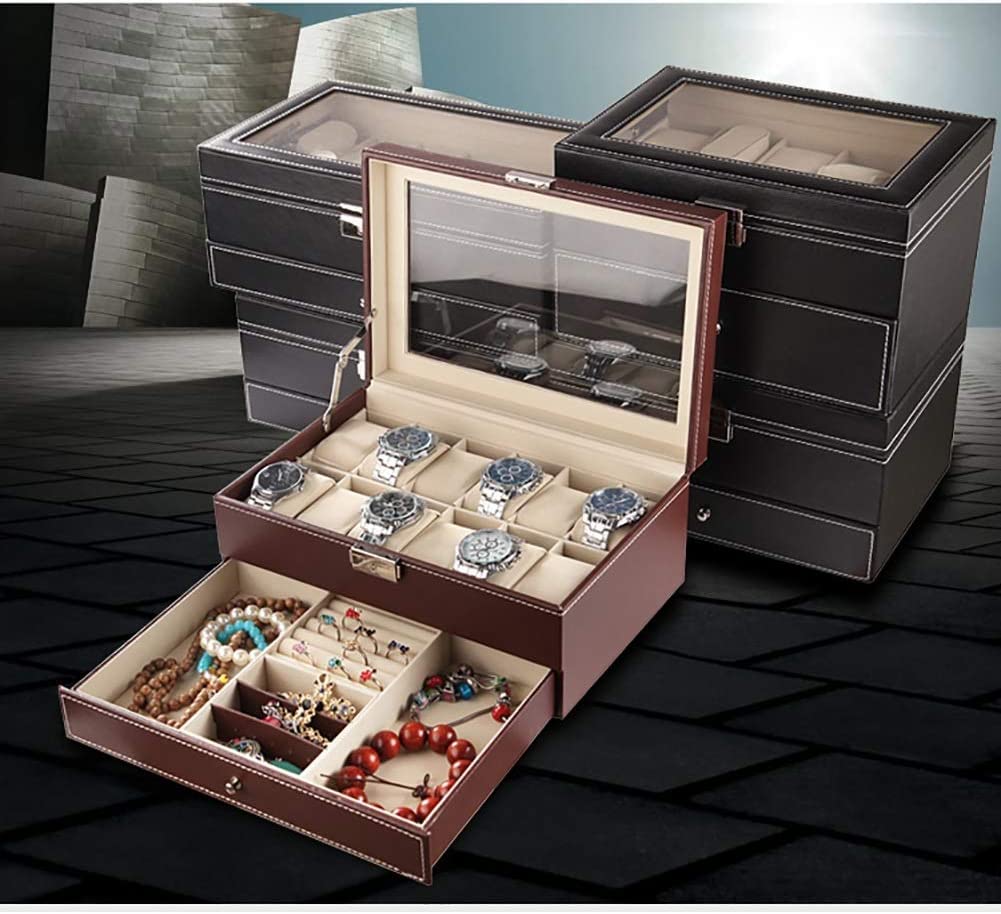 Uhrenbox Schmuckschatulle 2 Schichten Uhrenbox Schmuckschatulle Organizer Große Verspiegelte Uhrenaufbewahrungsbox Männer Frauen Aufbewahrung Uhrenschachtel (Color : C)