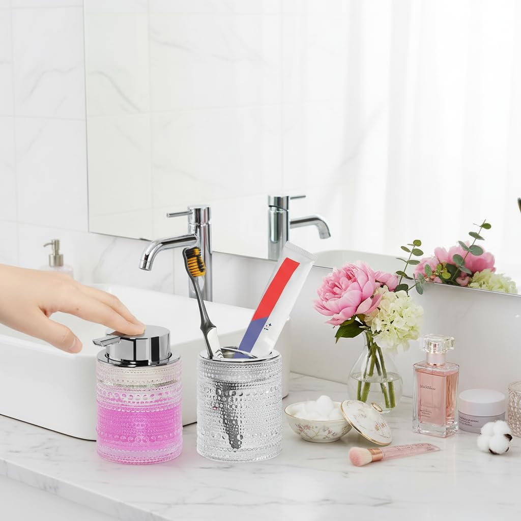 Juego de accesorios de baño, soporte de vidrio para cepillos de dientes y dispensador de jabón para baños, dispensador de jabón de manos espumoso, soporte para cepillo de dientes y pasta de
