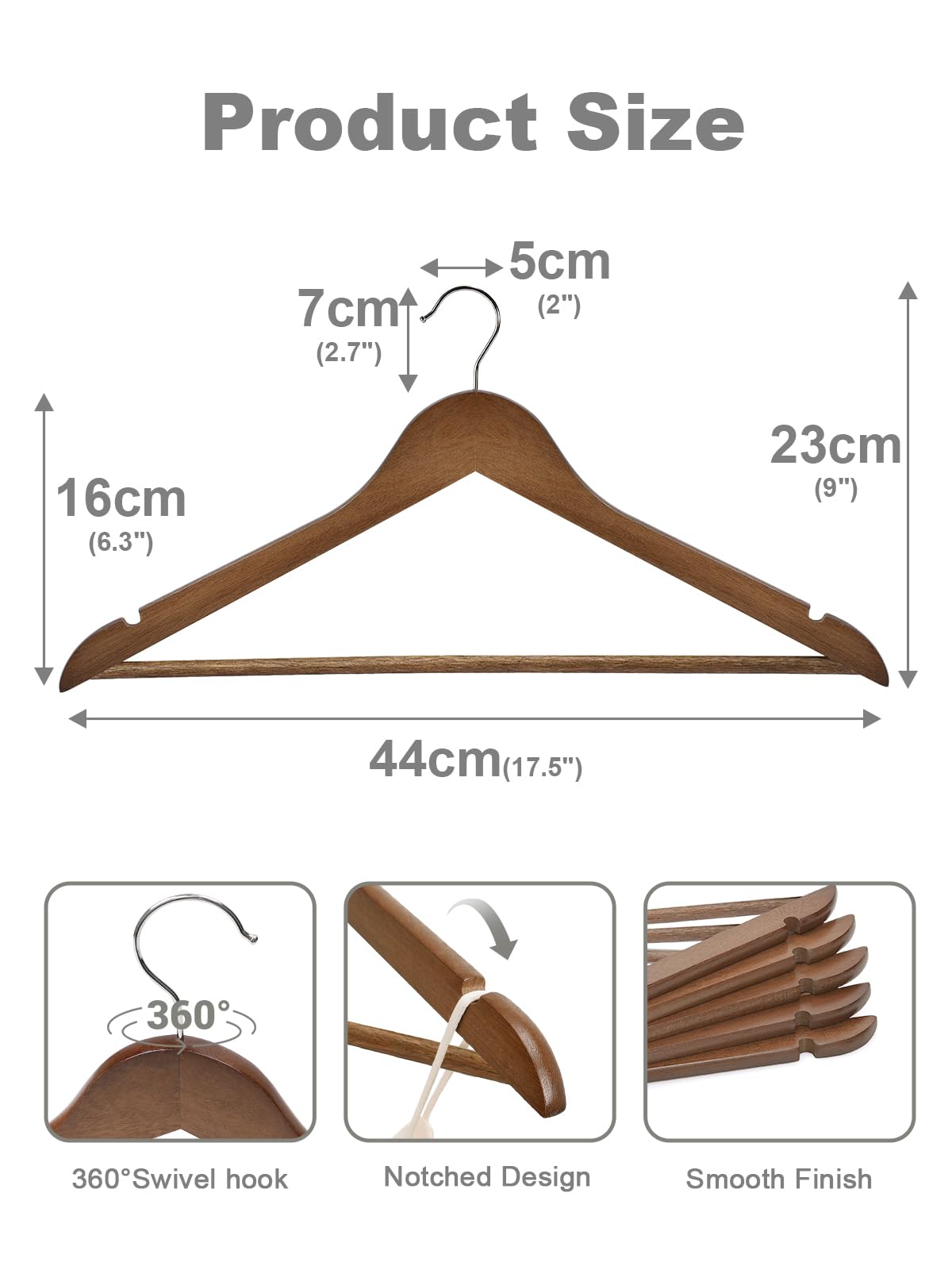 HOUSE DAY Grucce appendiabiti in legno, 30 pezzi, noce, superficie liscia, ganci stabili con ganci girevoli a 360° e scanalature a spalla, in legno massello per abiti, giacche, camicie e guardaroba