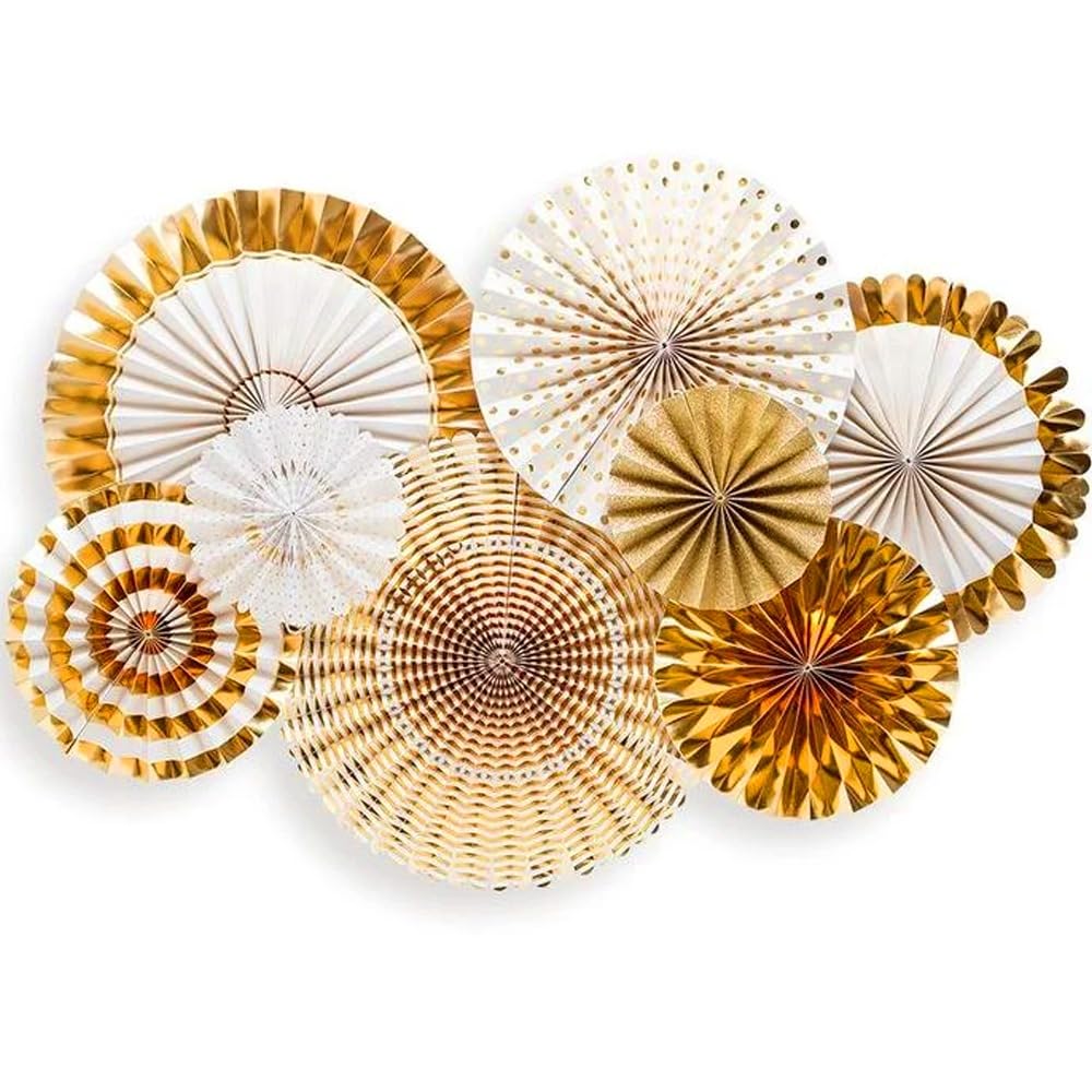 Premium Gold & White Paper Fan Decoration Set | Shimmer Metallic & Polka Dot Rosette Fans for Birthday, Wedding, Anniversary, Party & Home Decor (Set of 8)