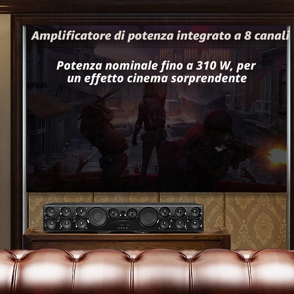 RSGK Suono Home Theater 7.1, Soundbar a 8 Canali da 310 W, con Subwoofer Wireless da 6,5", 2 Altoparlanti Surround Posteriori, per Il Suono Home Theater