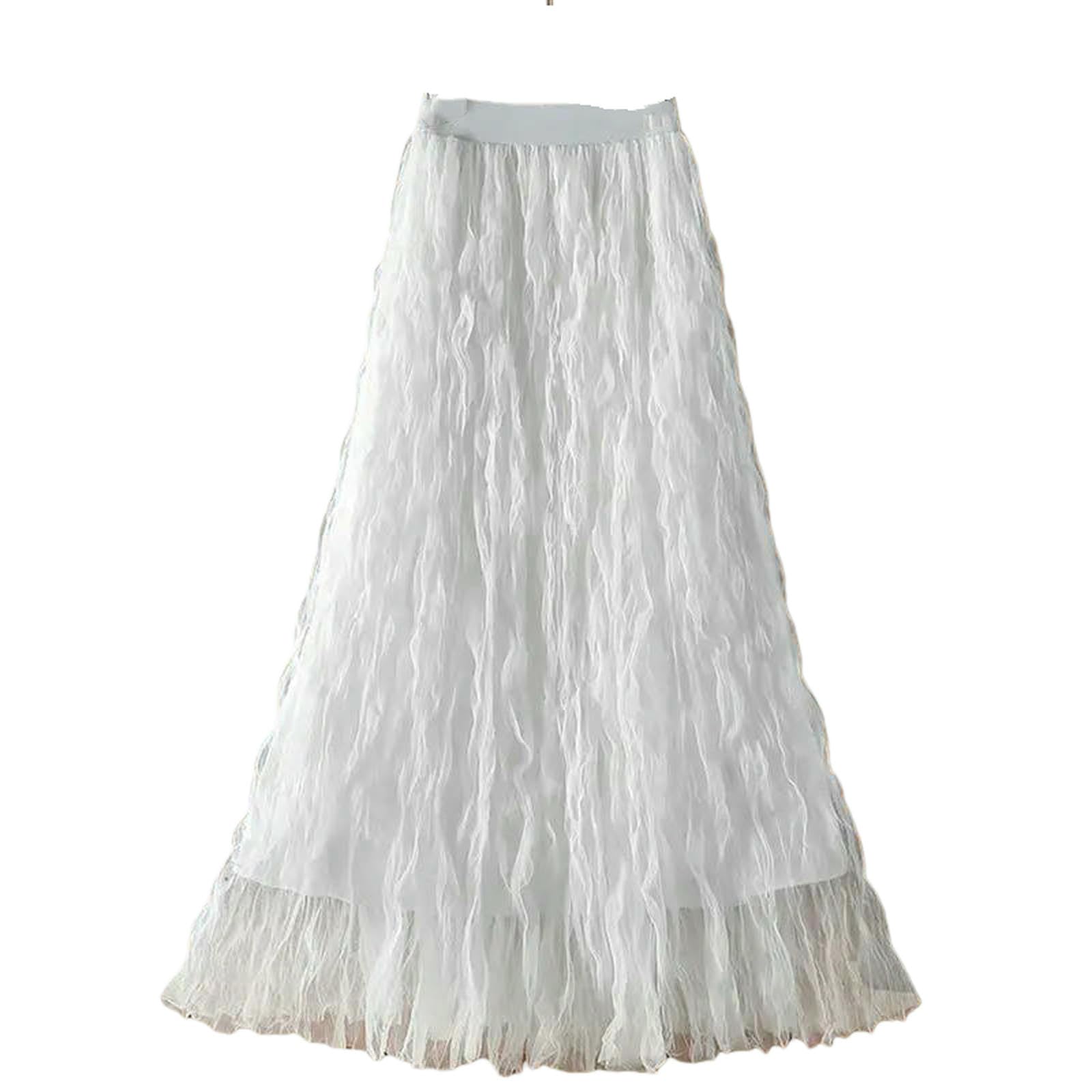Gonna Lunga Leggere Moda Piegata Maglia per Le Donne in Estate Alta Vita Sottile A Media Lunghezza Versatile Linea-White-m