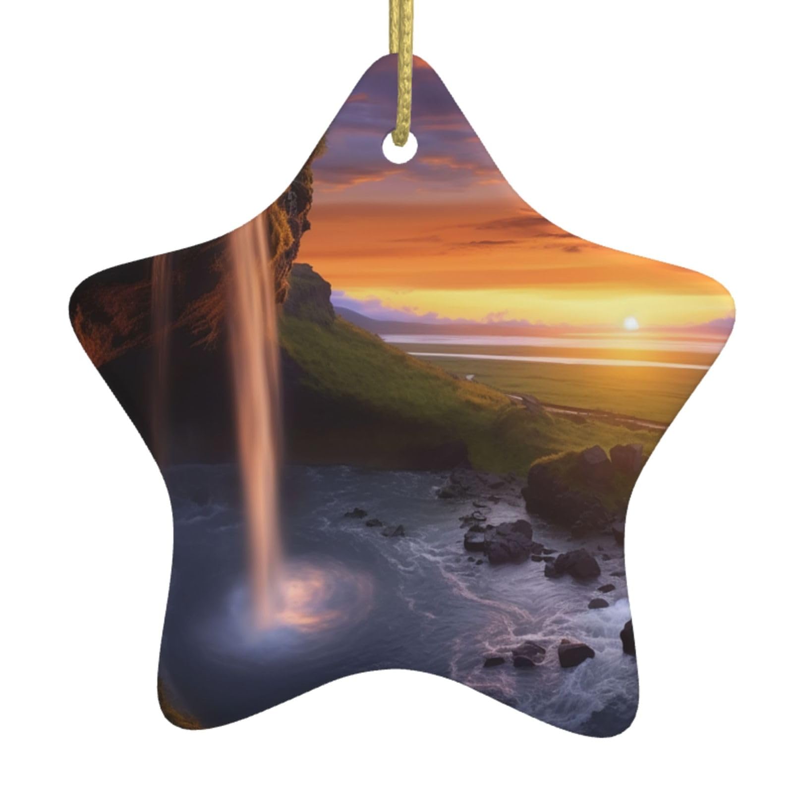 Ceramic Christmas Tree Hanging Ornaments with Gold Ropes Christmas Tree Decorations Star Ceramic Waterfall at Sunset Pendant Keepsake Decorations for Holiday Xmas Gift Ideas