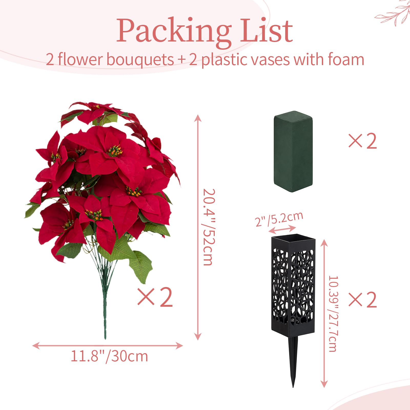 Memobloom Poinsettias Artificial Christmas Cemetery Flowers 2pcs