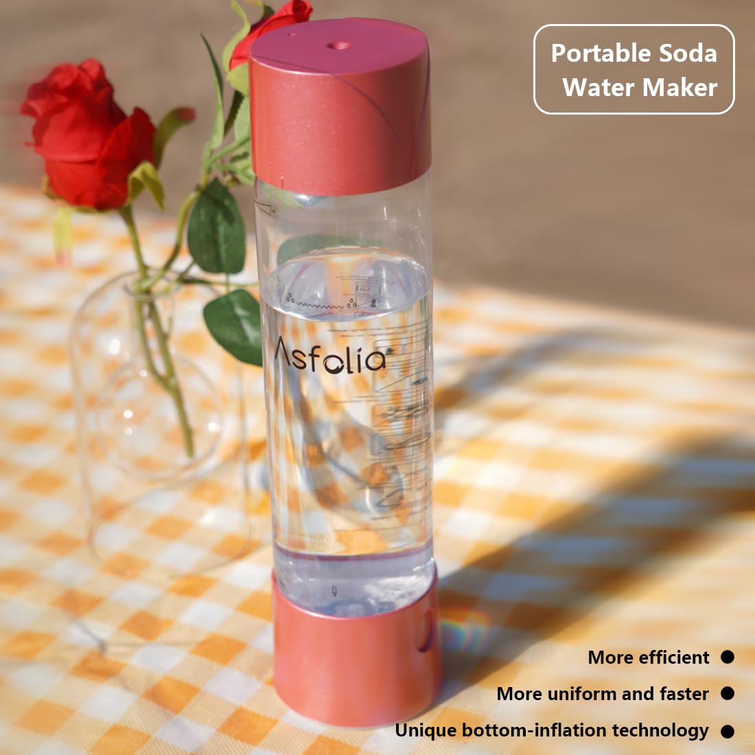 Asfolia Portable Sparkling Water Maker MapleLeaf Soda Maker Machine?500ml Carbonating Bottle?10 pcs CO2 Cylinders?Bottom-Carbonation Design Compact and Stylish, Perfect for Home or Travel (Pink)