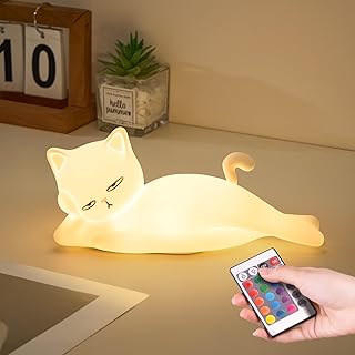 Lying Flat Cat Lamp Funny Gifts, 16 Colors+5 Dimming+Silicone Random Stuff, Touch+Remote+Recharge Night Light