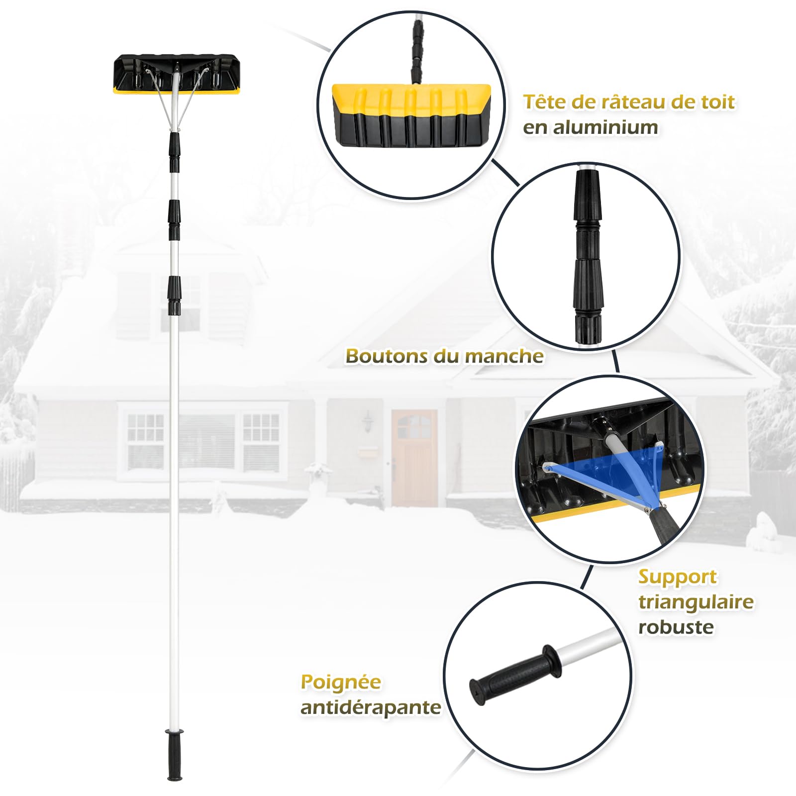 GYMAX Râteau à Neige Télescopique en Aluminium 188-640cm, Longueur Réglable, Grande Lame Rotative, Idéal pour Déneigement, Enlever Les Feuilles/Débris