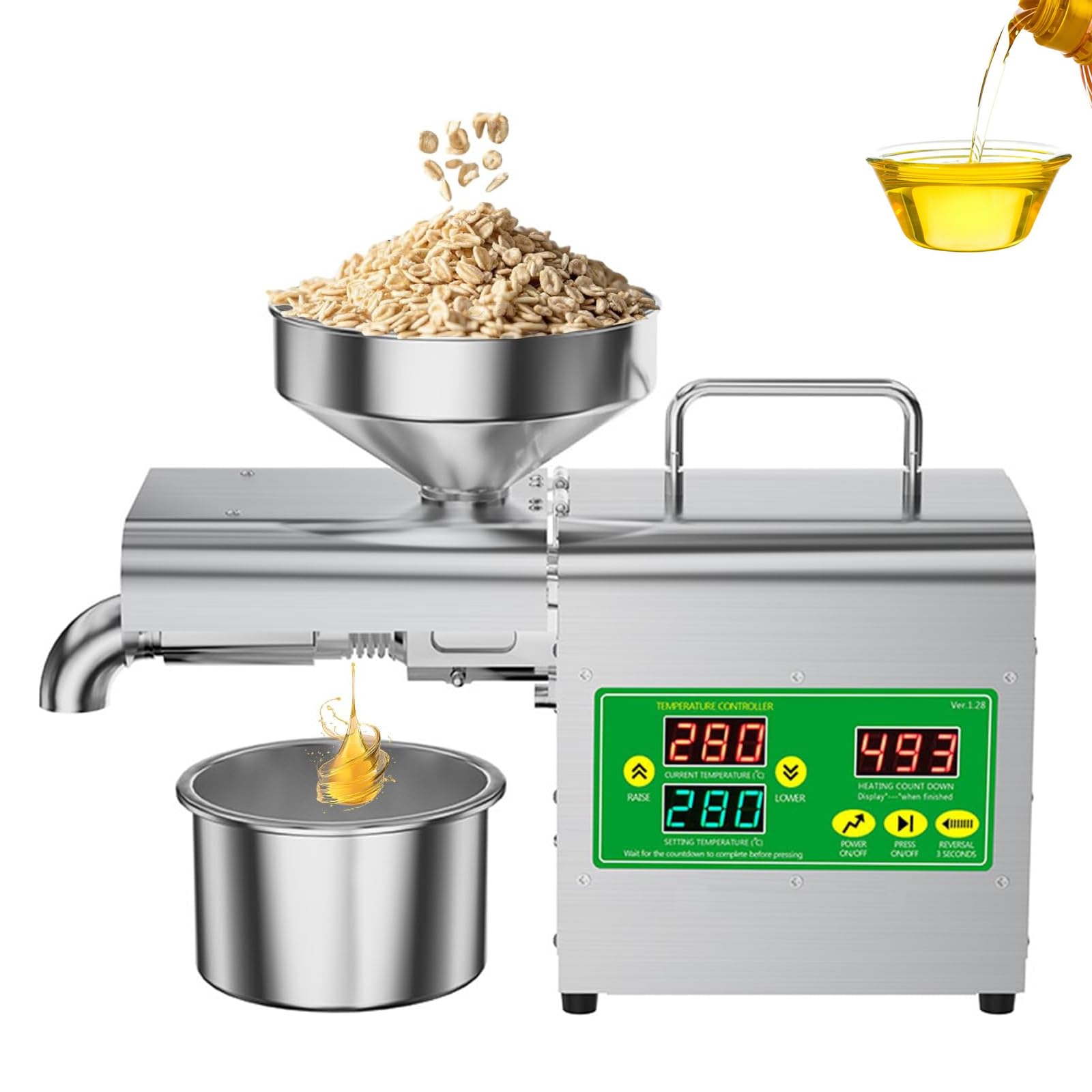 QYLTTDM 1000w Oil Press Machine, Smart Cold And Hot Oil Extractor, Stainless Steel Oil Expeller, With Temperature Display, For 20+ Seeds And Nuts, For Commercial Home Kitchen