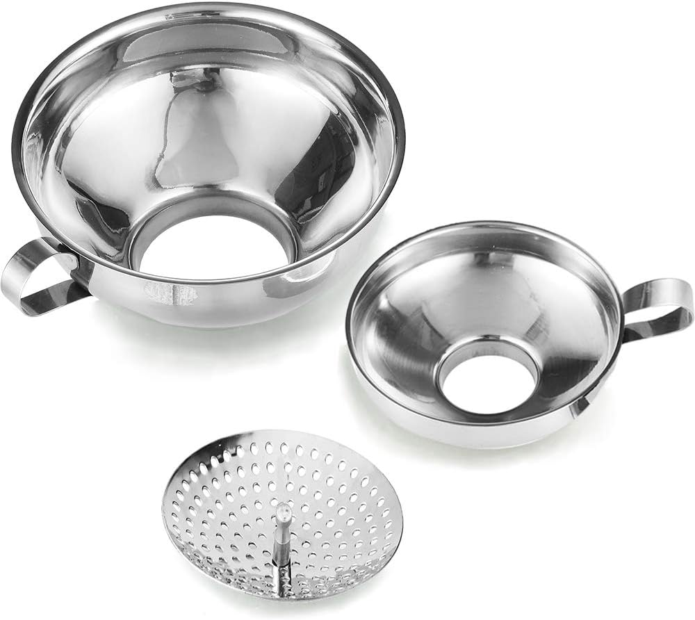 Delove Canning Funnel with Strainer for Wide and Regular Jars - Wide-mouth Kitchen Funnel for Mason Jars - Canning Supplies Kit - Stainless Steel - 3 Pack (Small and Large)