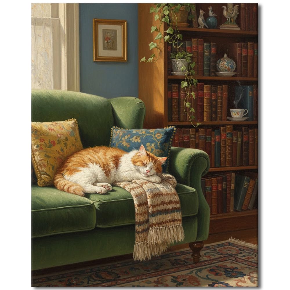 TISHIRON Adults Paint by Numbers Kit Cozy Sleeping Cat on Green Couch Paint by Numbers for Beginners Relaxing Home Interior Scene with Bookshelf DIY Canvas Art Acrylic Paints and Brushes 16x20 Inch