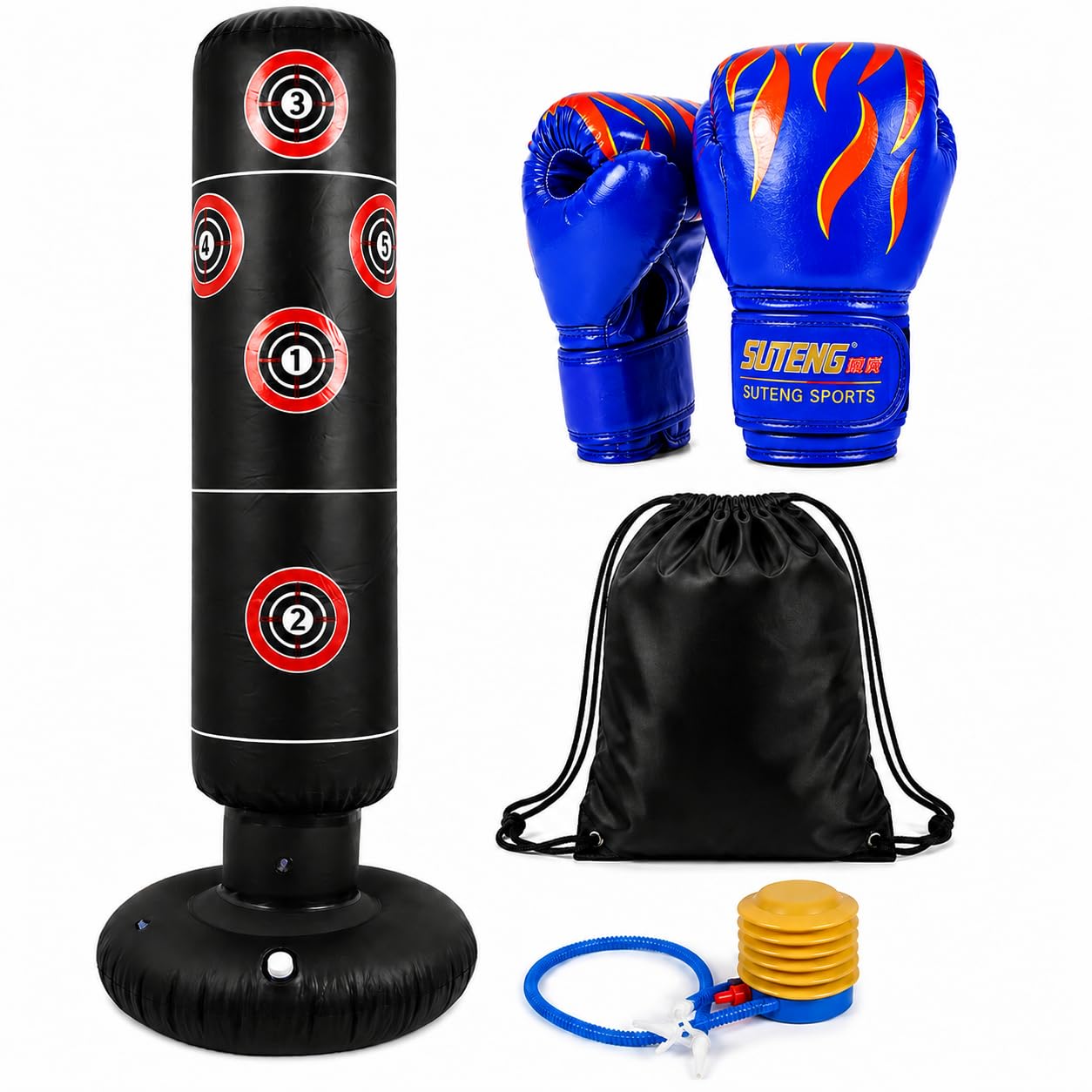 Free Standing Punching Bag for Adults, Inflatable Boxing Bag with Boxing Gloves and Air Pump, Stand Up Heavy Punch Bag for Kickboxing, MMA, Muay Thai, Karate, Fitness Training Equipment