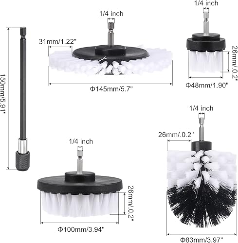 Miniatura 2 de Juego de cepillos para taladro (5 piezas) Kit de limpieza multiusos para lechada, piso, bañera, azulejo, con eje de extensión, blanco