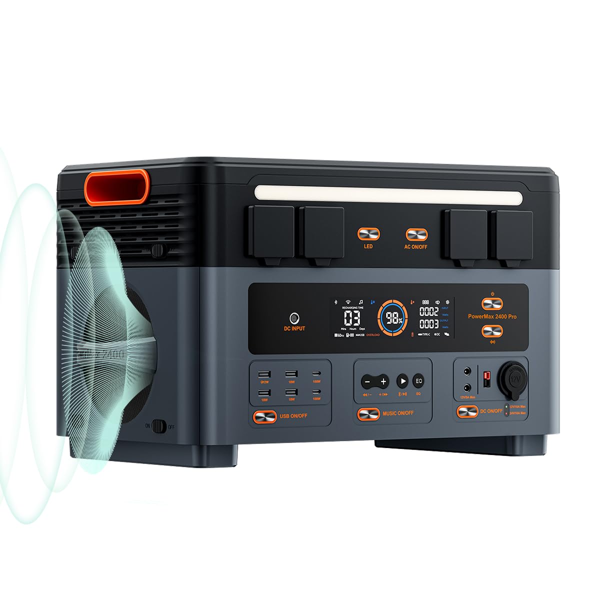 OSCAL PowerStation PowerMax 2400 Pro, generatore solare portatile, 2400 W (punta 4800 W), batteria LiFePO4 2016 Wh, completamente carica, 1,45 ore con altoparlanti stereo HD per campeggio all'aperto