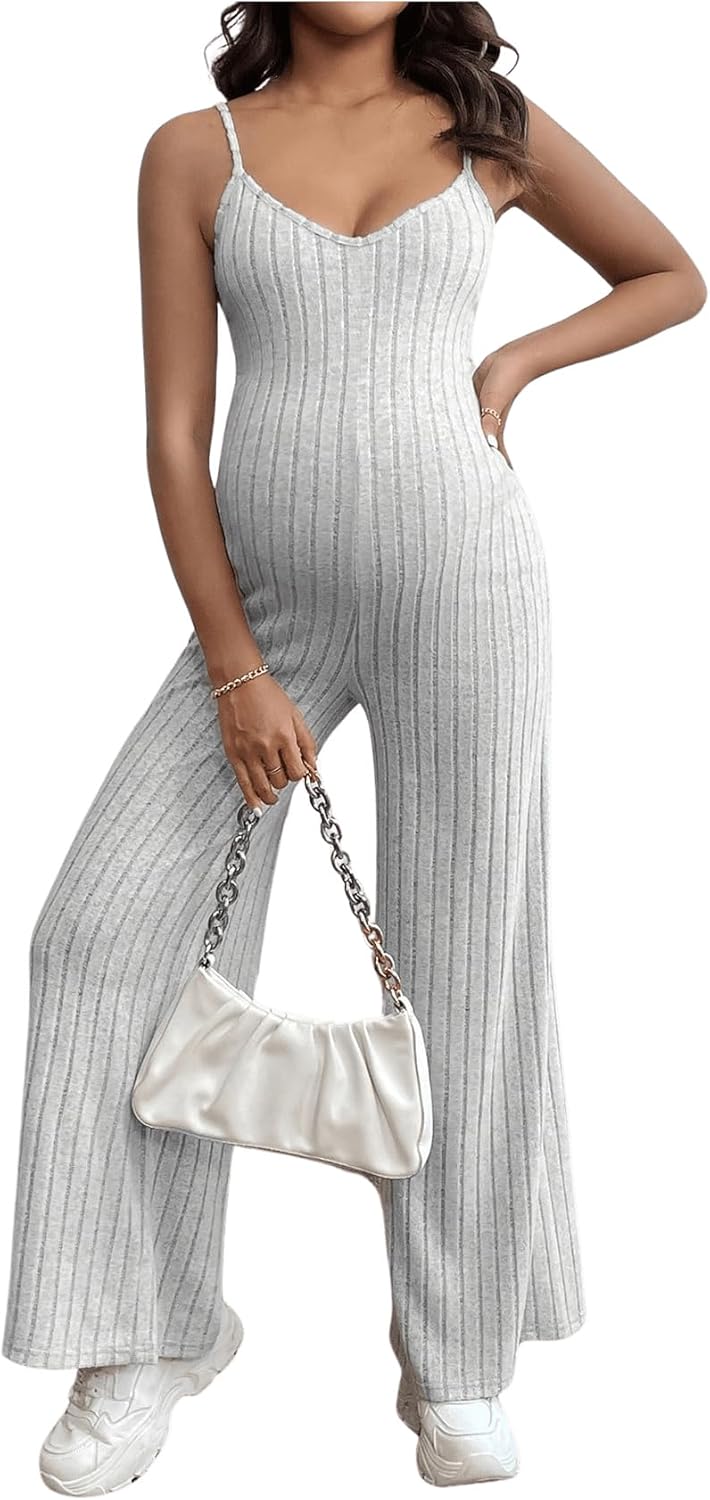 OYOANGLE Women's Maternity V Neck Spaghetti Strap Ribbed Knit Long Pants Jumpsuits