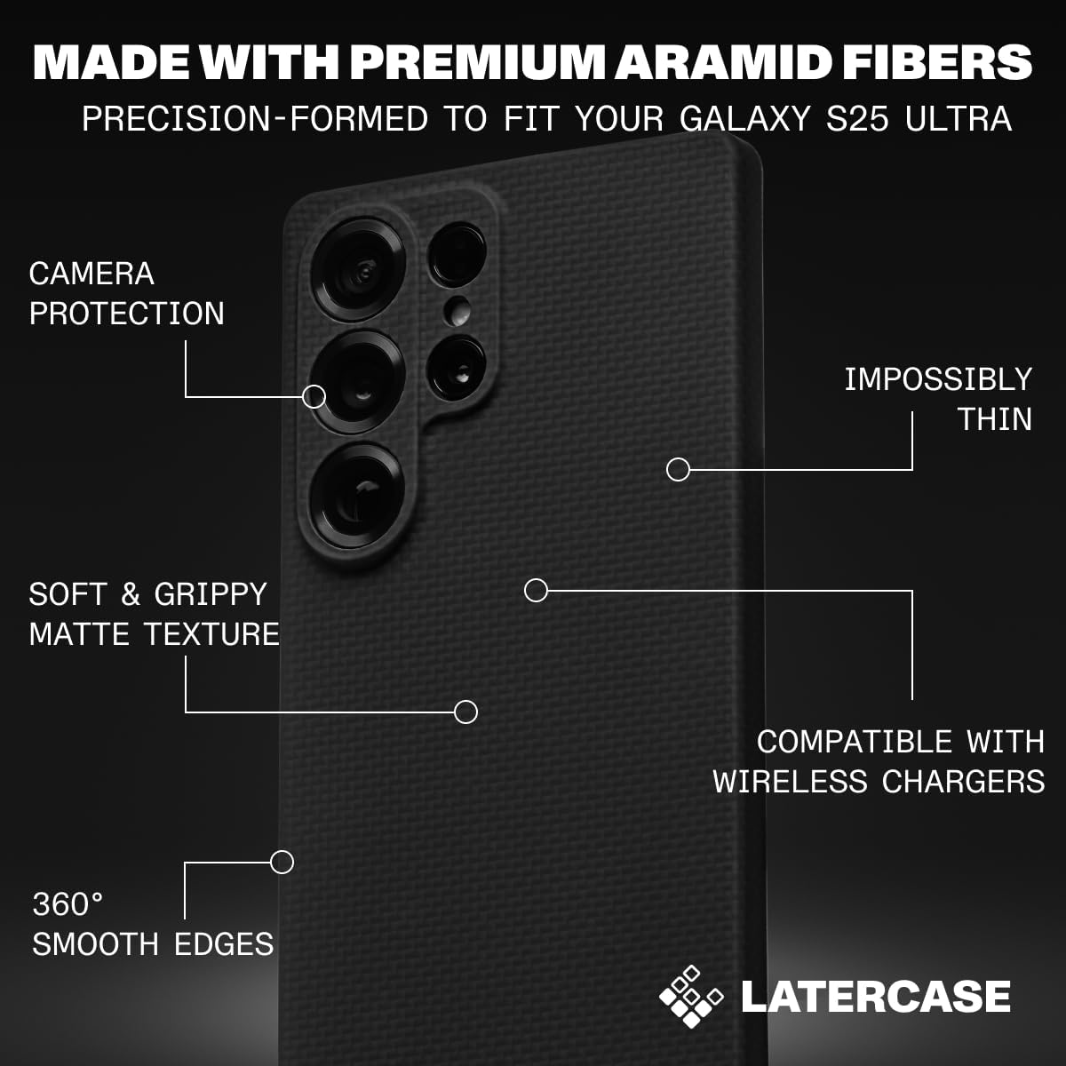 Latercase | Compatible with Galaxy S25 Ultra | Midnight | Durable Galaxy S25 Ultra Phone Case | 0.6mm Thin Aramid Fiber, 10 Grams, Precision Lasercut, Full Camera Protection, Nonslip Matte Finish