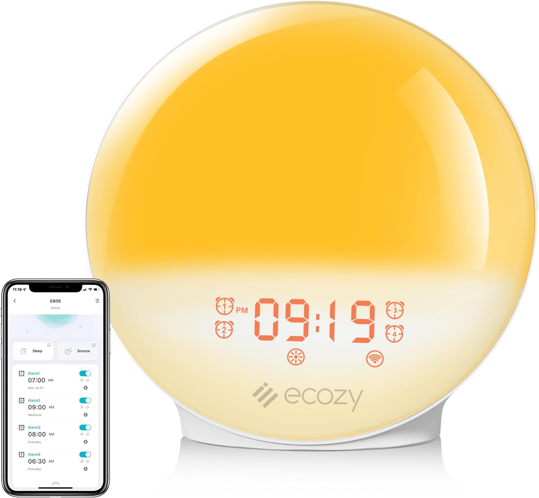 ecozy Sunrise Alarm Clock, Smart Wake Up Light APP Control,Alarm Clock with Alexa,Sunrise Sunset Simulation,4 Alarms FM Radio, Natural Sounds,7 Colors Night Light,Tap Snooze for Heavy Sleepers Adult