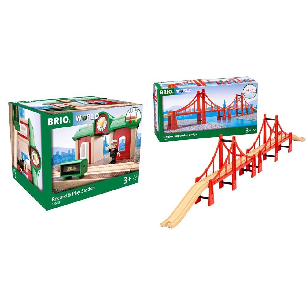 BRIO World 33578 Sprechender Bahnhof Eisenbahn Zubehör mit Aufnahmefunktion & World 33683 Hängebrücke – Eisenbahnzubehör für die BRIO Holzeisenbahn