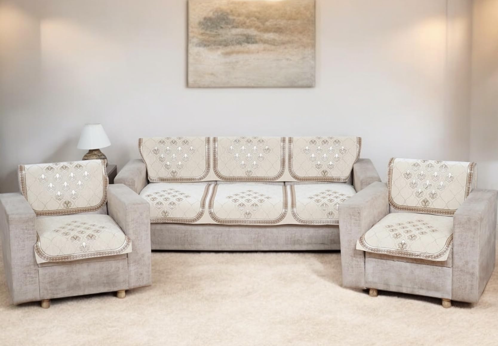 Self Design 5 Seater Sofa Cover I Chenille Sofa Cover (Cream)-image-15