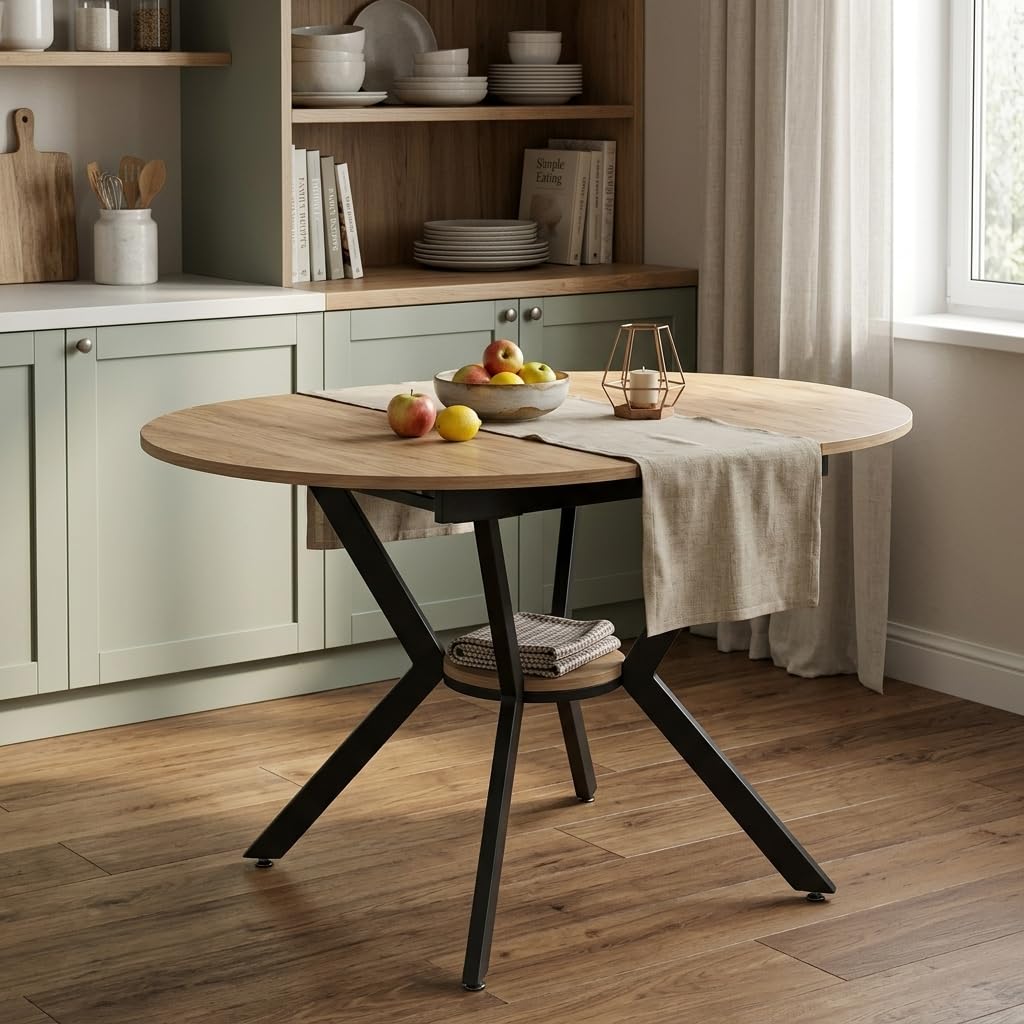 Mesa de comedor extensible con tablero de fibra de densidad media, mesa de comedor ovalada con patas de metal en forma de X, mesa de comedor redonda extensible con estante central para cocina
