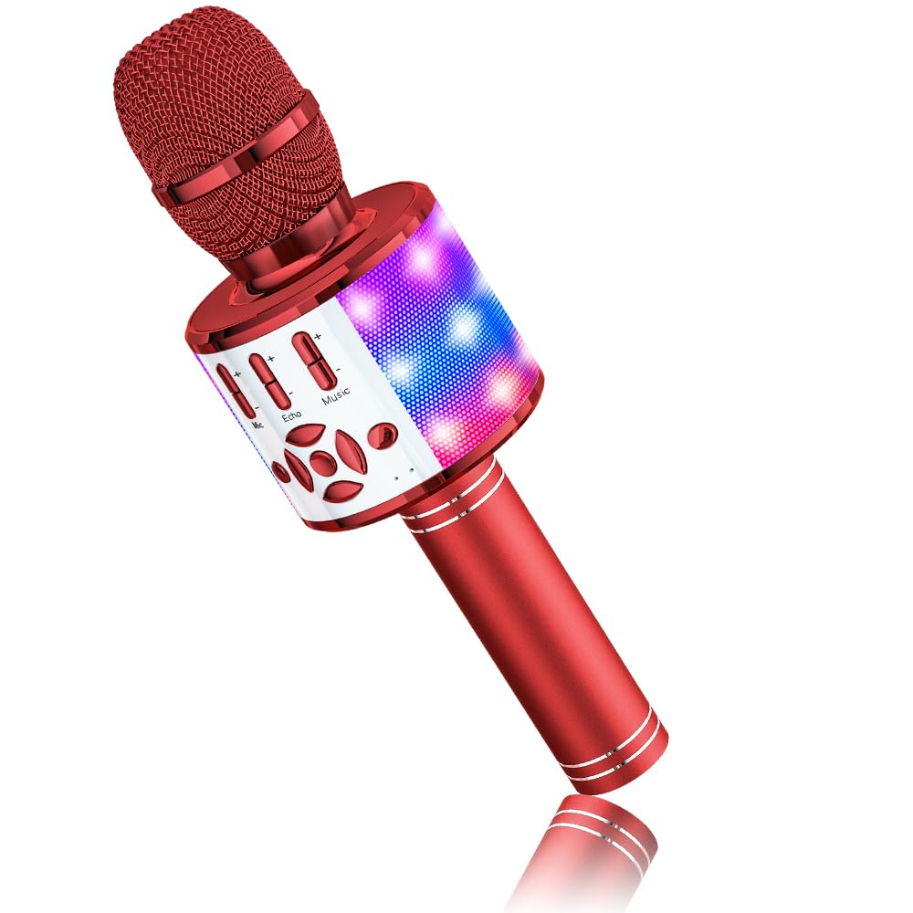 BONAOK Microfono Karaoke Cambia Voce, Microfono per Karaoke con Suono Magico, Macchina per Karaoke Bluetooth 4 in 1, Macchina per Cantare per Adulti, per Feste/Esterni/Viaggi (Rot)