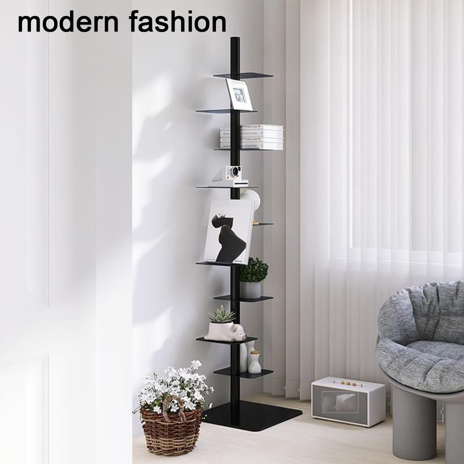 Estantería delgada de metal de 9 niveles, torre giratoria estrecha de 3 lados, estantería de escalera alta para espacios pequeños, elegante solución de almacenamiento negra para el hogar y la oficina