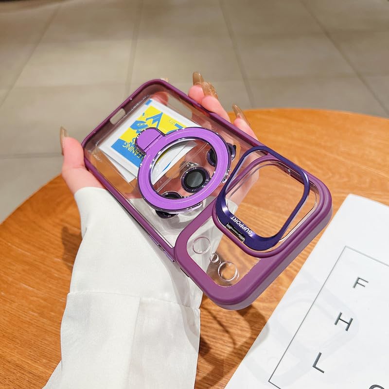 Image of LuxuryKase Magnetic Clear Case for iPhone 17 Pro | Metal Ring Stand | Camera Lens Protector Rings | Shockproof Hard PC Back | MagSafe Compatible | TPU Bumper - Purple
