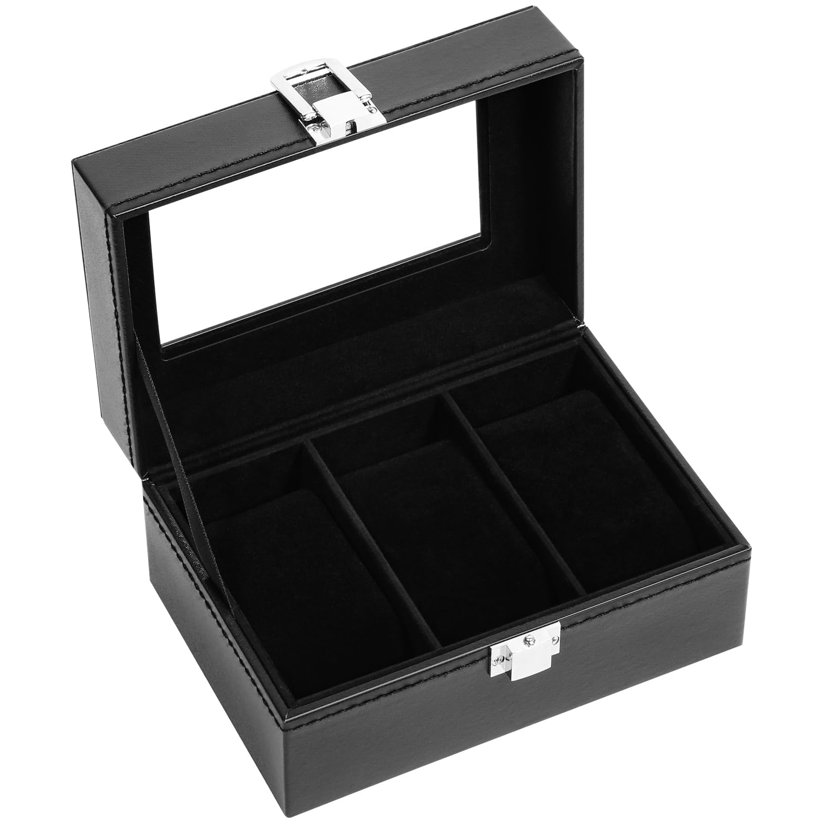 Uten 3-Slot Watch Box for Men, PU Leather Watch Case with Glass Lid