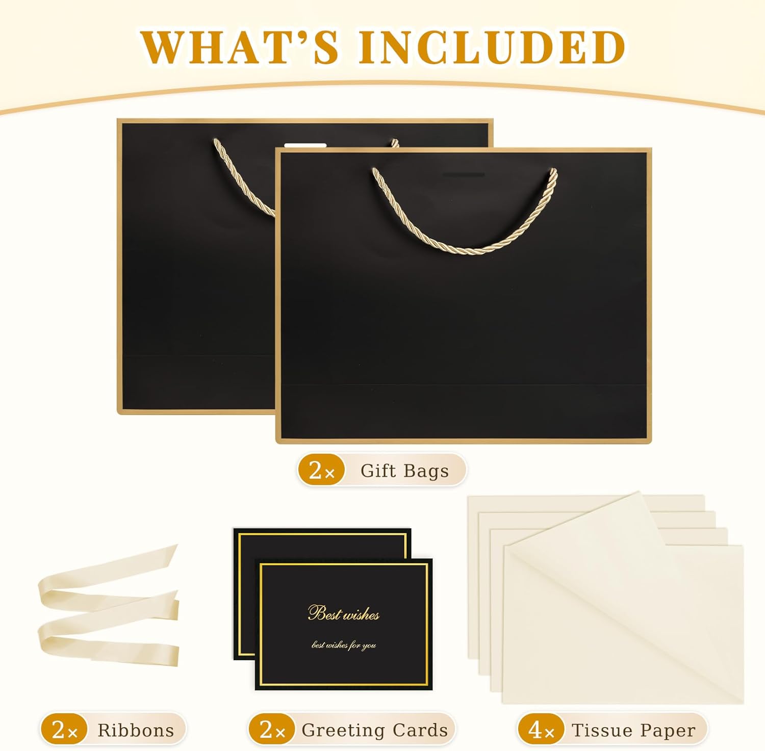 ANZNKU 2PCS Gift Bags, Wedding Gift Bags with Handles 4 Tissue Paper 2 Ribbon 2 Cards, Medium Birthday Gifts Bag for Women & Men, Party Favors Bag for Valentine Engagement Bridal & Baby Shower(Black) - Image 3