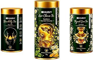 HURVY Burnbelly, Liver Cleanse and Thyroid Care Herbal Tea, Pyramid Teabags, Pack of 3, 70 g Each | Natural Blend