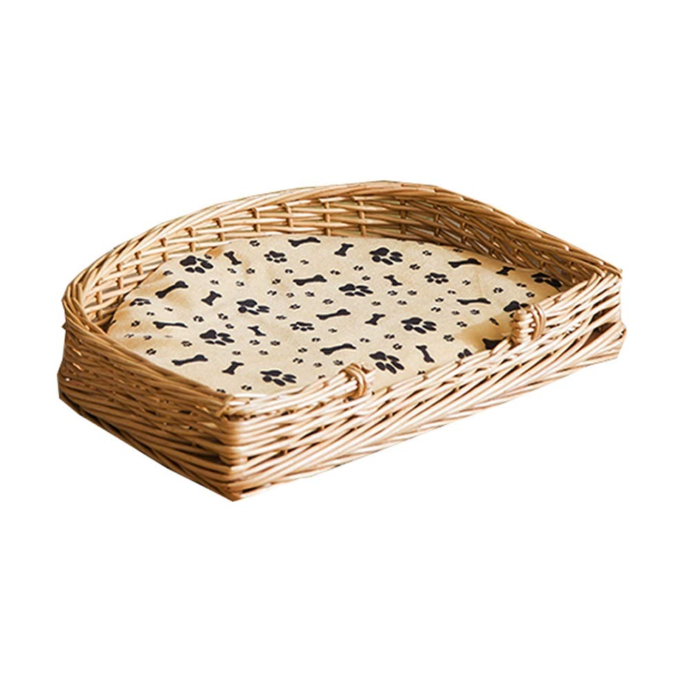 BEDS Pet Rattan Dog Basket Pet Cot With Cotton and Bamboo Mattress Pet Cat Padded Bolster 2 Colors Run-anmy (Color : A, Size : 55X40X10CM)