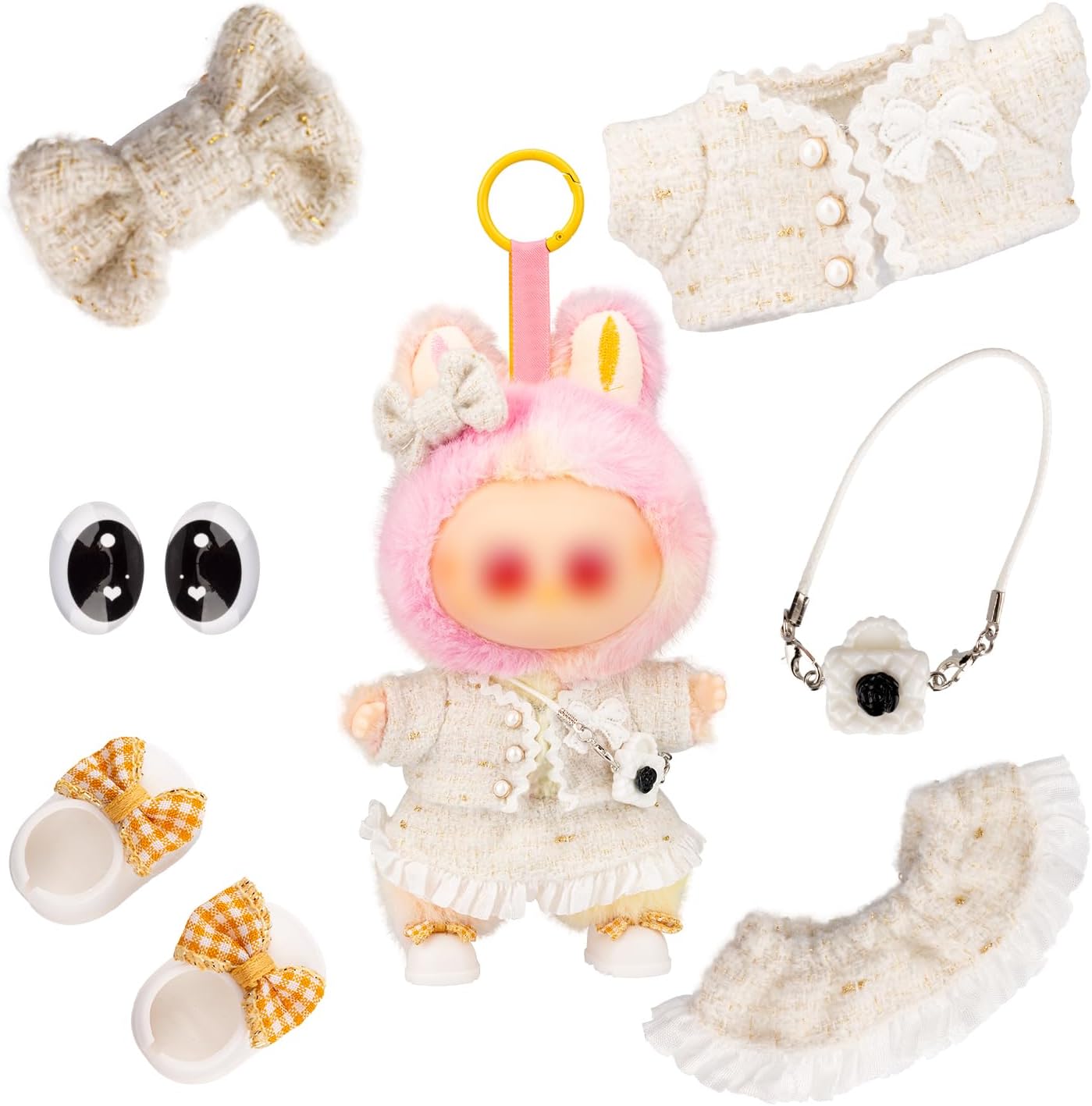 Cute Outfit for 17cm Doll, Princess Dress Outfit with Bow Hair Clip, Shoes, Bag Luxury Style with Tweed Fabric Pearl Buttons & Dress Small Kawaii Clothes Set for Doll Accessories