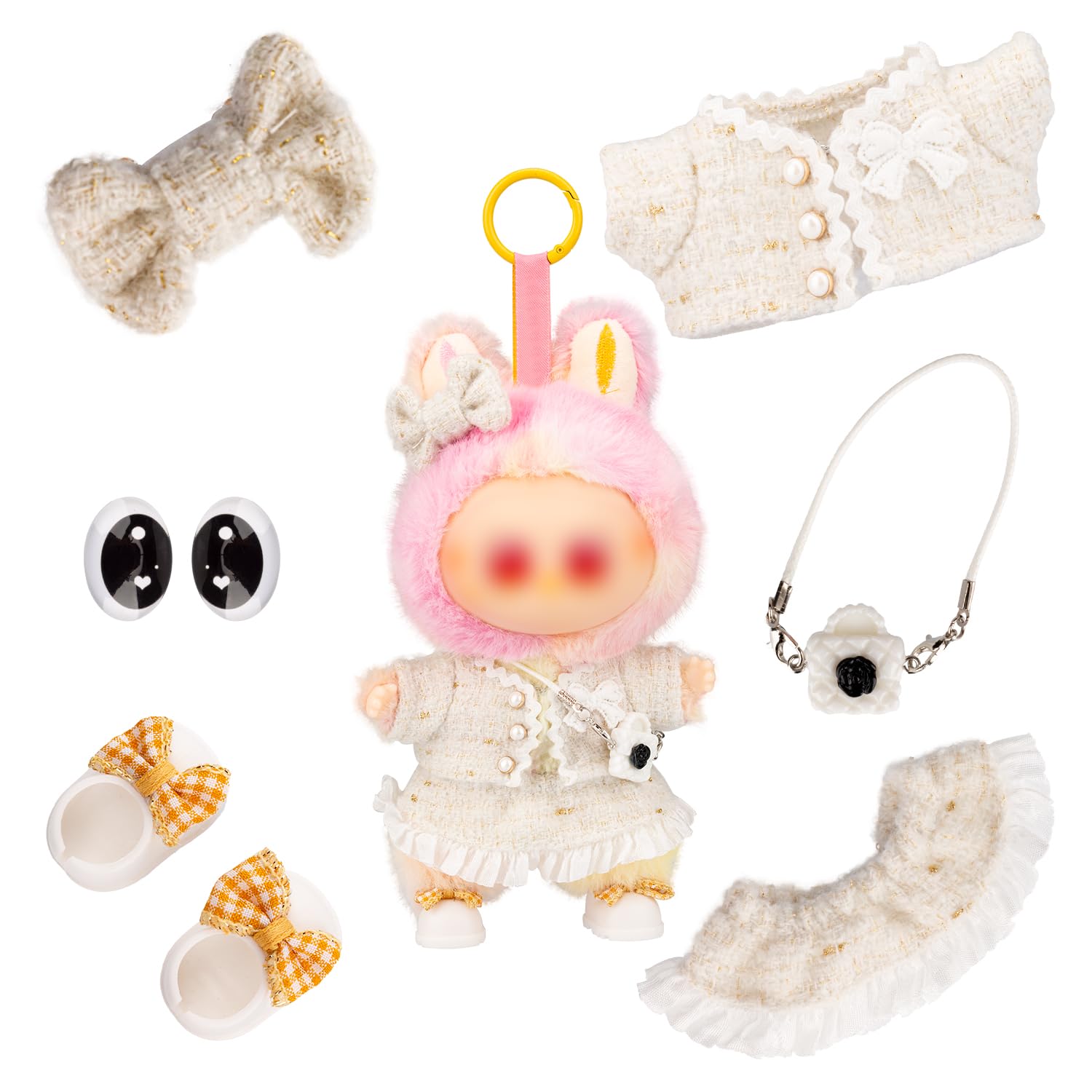 Cute Outfit for 17cm Doll, Princess Dress Outfit with Bow Hair Clip, Shoes, Bag Luxury Style with Tweed Fabric Pearl Buttons & Dress Small Kawaii Clothes Set for Doll Accessories