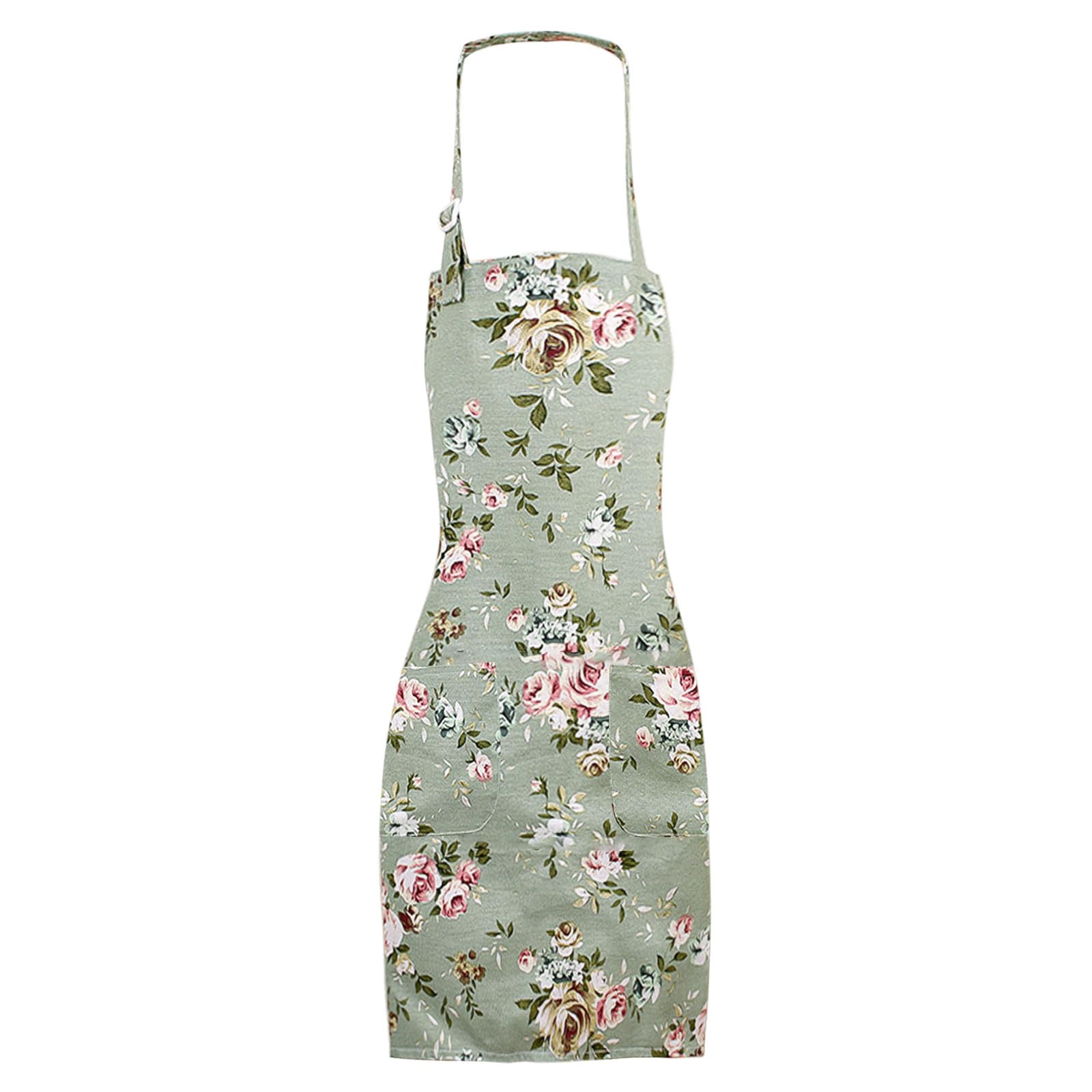 Eupsiiu Women's Green Floral Aprons For Kitchen Aprons For Adjustable Cooking Apron, Chefs Apron, Cooking Apron With Big Pockets, Vintage Flower Apron For Cooking, Gardening, Housework (Green)