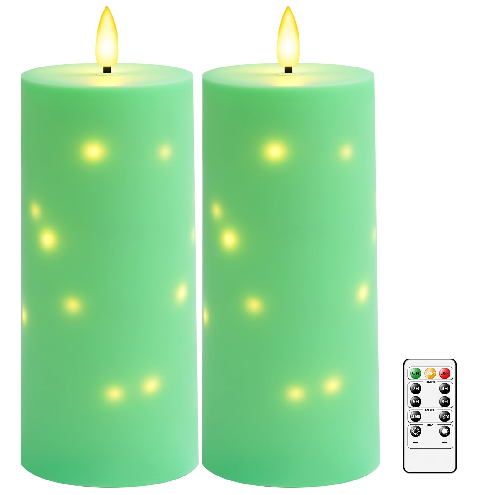 kakoya 10" x 4" Large Outdoor Waterproof Flickering Flameless Candles with Timer,2Pcs Battery Operated LED Pillar Candles with Embedded Star String for Outdoor Lanterns,Porch,Patio Decor(Green)