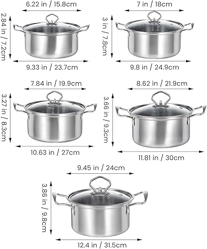 Miniatura 2 de Juego de 5 ollas de acero inoxidable con tapas, 8 cuartos de galón, 6 cuartos de galón, 4 cuartos de galón, 3 cuartos y 2 cuartos de galón,