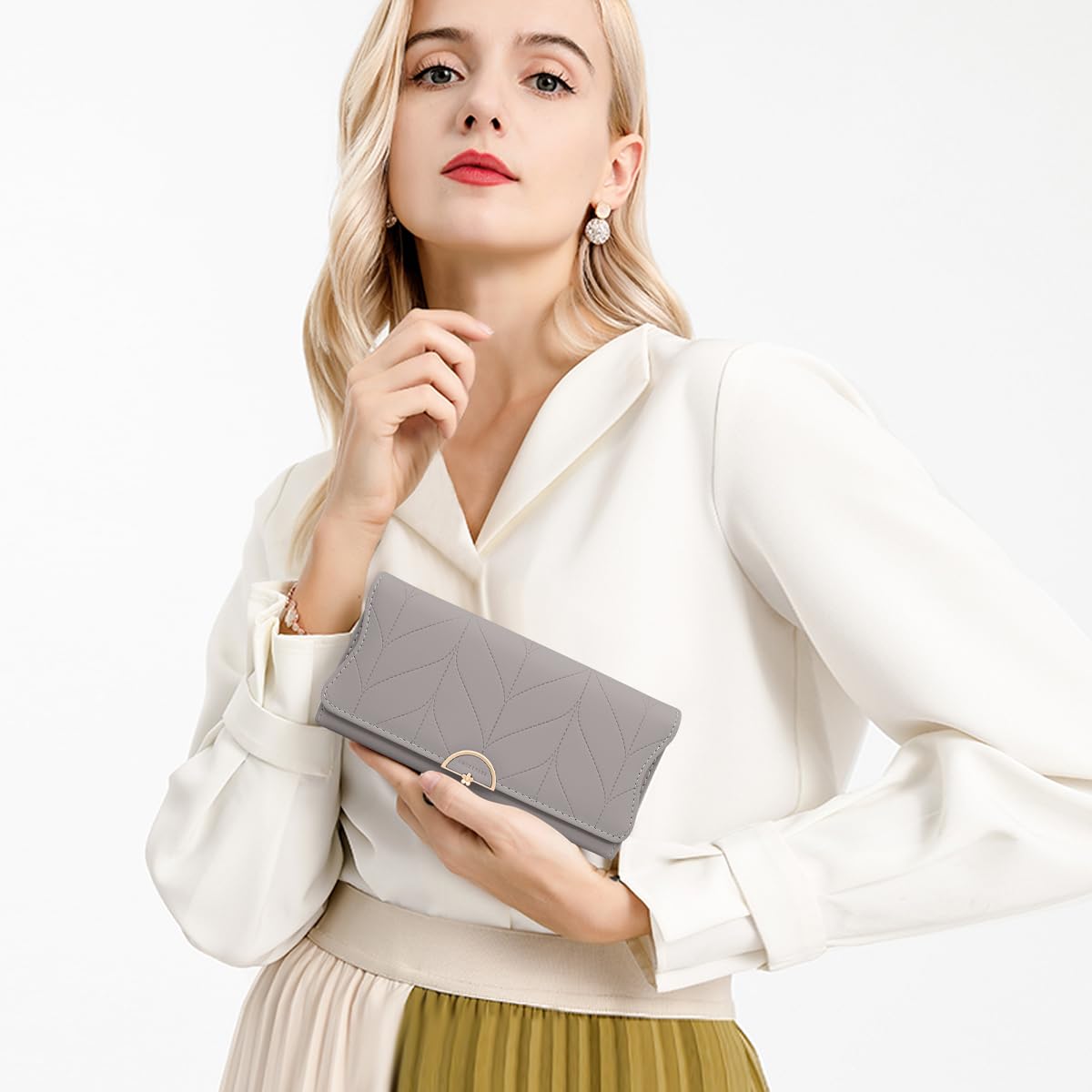 Portafoglio Donna in pelle PU Lunga, Grande Capacità Portafogli da Donna, con Cerniera Tanti Scomparti 10 Carte Cerniera Portamonete (A-grigio)