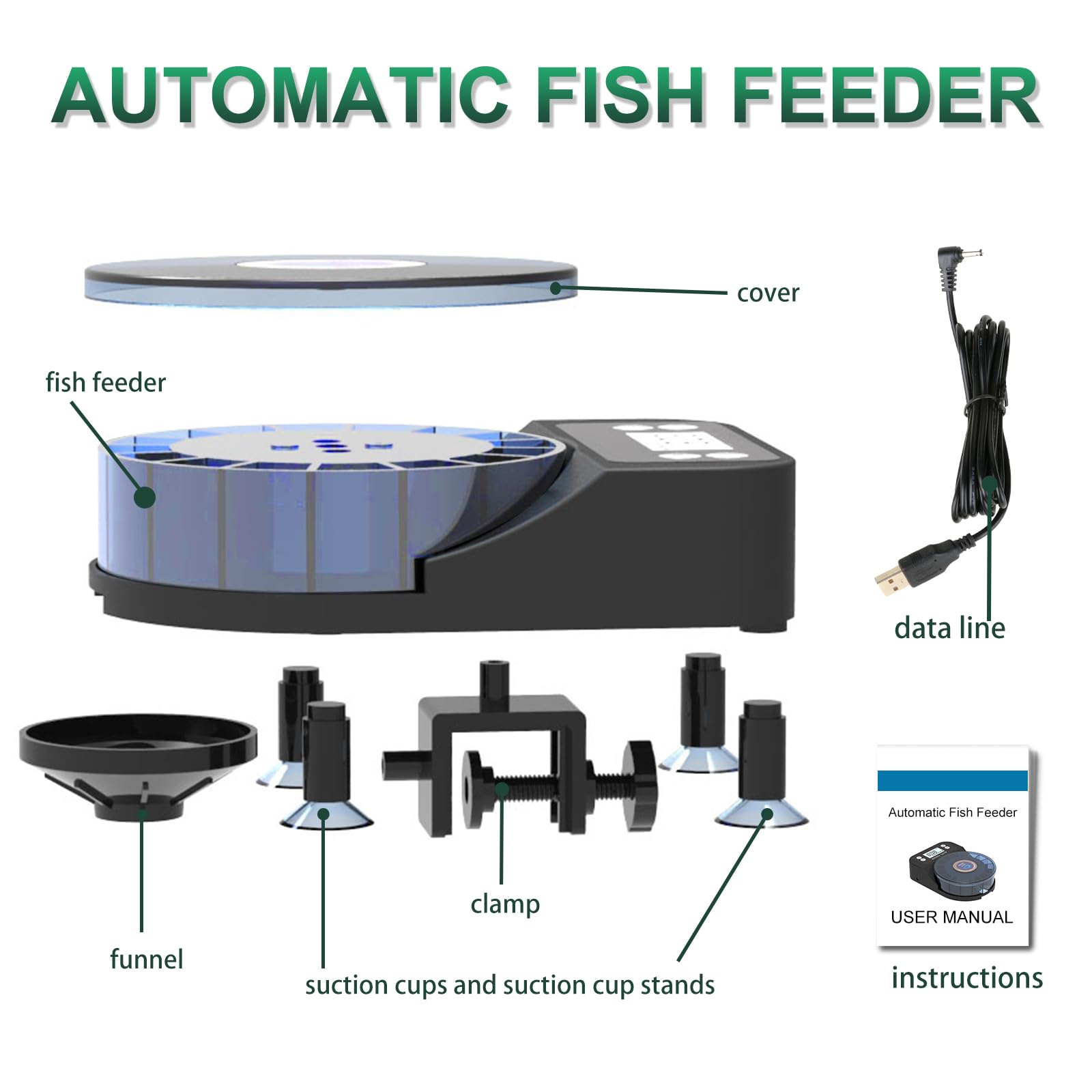 60 ml mangiatoia automatica per pesci d'acquario, distributore automatico di cibo con timer, mangiatoia ricaricabile con timer, con cavo USB, display LCD