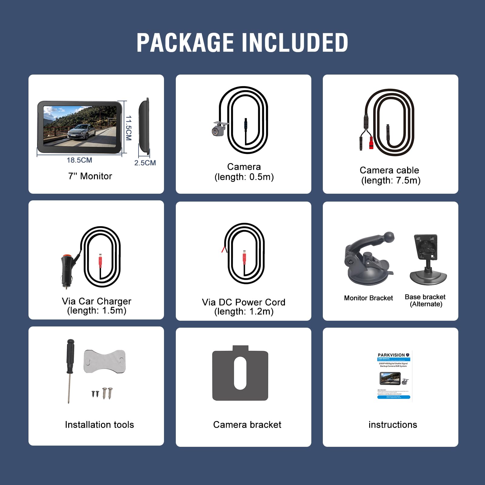 PARKVISION Rückfahrkamera Set 7" Monitor, Kabel, 12V, PKW SUV Pick-up | Plug & Play: Strom via Zigarettenanzünder oder Rückfahrscheinwerfer