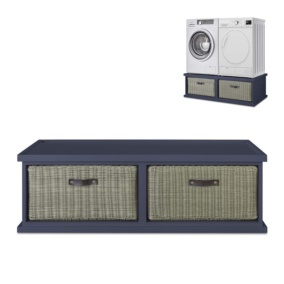 Tetbury Furniture Navy Blue Tetbury Double Laundry Pedestal Stand With Storage. Washing Machine And Dryer Raiser With Drawer. Fully Assembled
