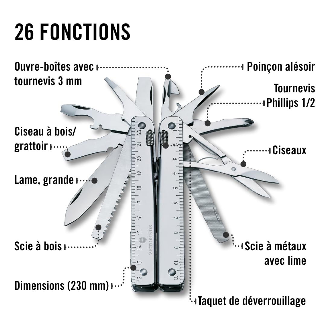 Victorinox Outil Multifonction Swiss Tool X, 26 Fonctions, Swiss Made, Outil Multifonction avec Lame Blocable, y c. Étui en Cuir, Argent