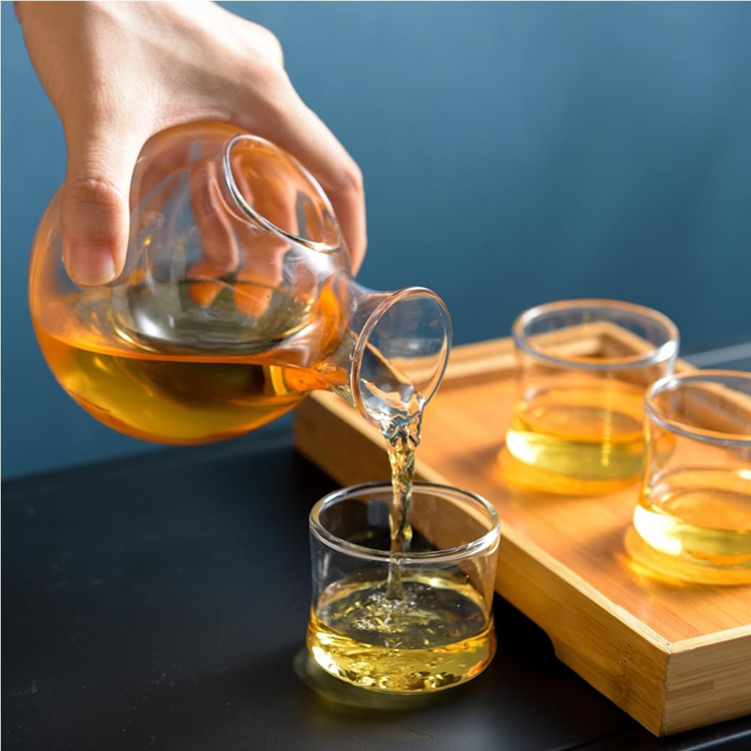 Japanese Crystal Glass Sake Set With Tray,Transparent Crystal Glass Sake Bottle Crafts Cup Gift,Traditional Retro Dispenser Sake Jug Set Crafts Restaurant Sake Cup W B