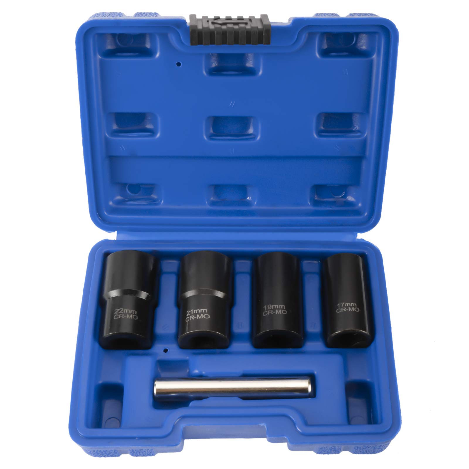 5 Pieces Twist Socket Set, Lug Nut Remover Extractor Tool, 17mm, 19mm, 21mm, 22mm 1/2" Inch Drive Sockets, and 12mm Steel Bar, Removing Damaged, Rusted, and Stubborn Locking Nuts