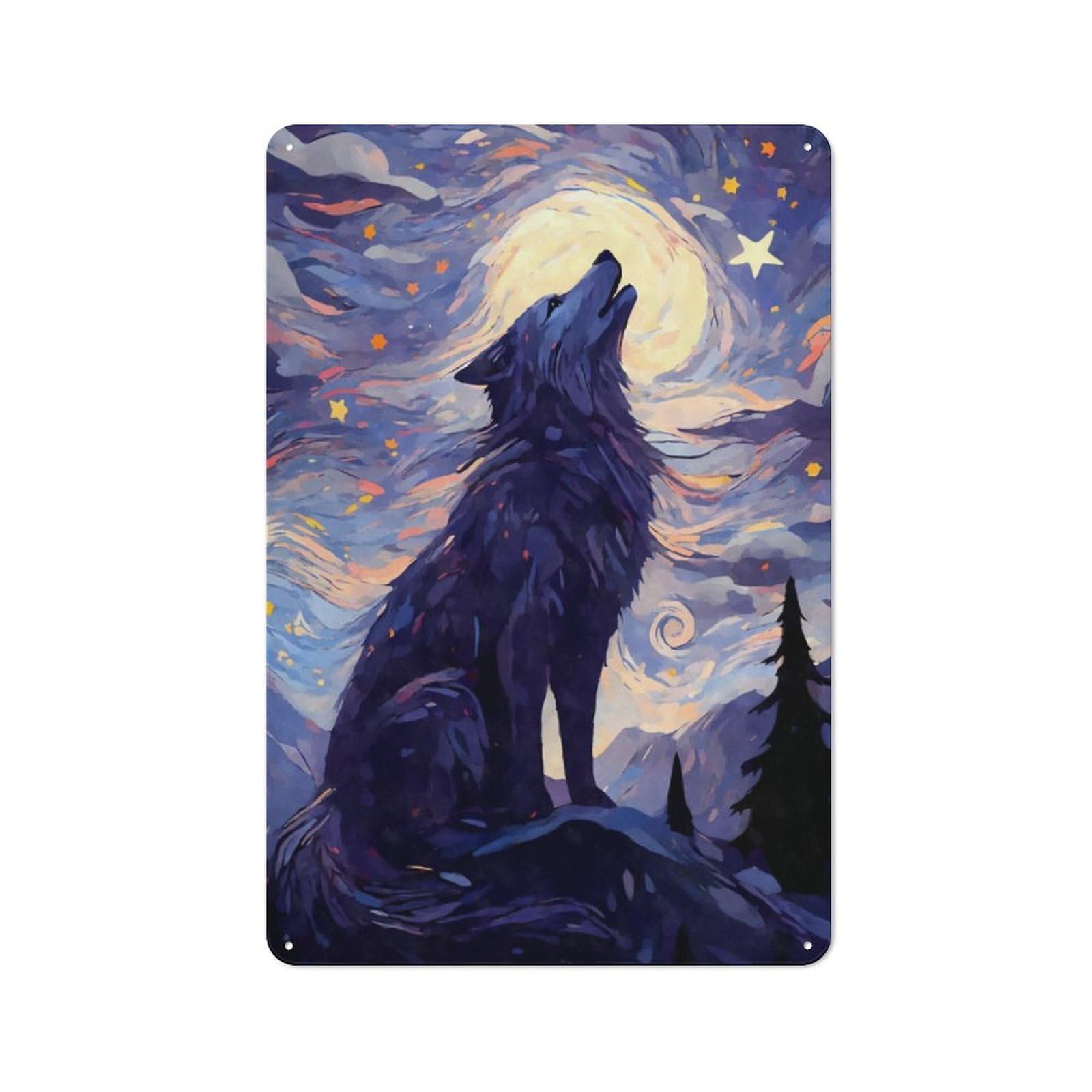Junmoney Howling Wolf Starry Night Vintage Tin Sign 30X20cm With For Dining Room Or Kitchen, For Vintage Wall Decor Fans, For Metal Sign Collectors