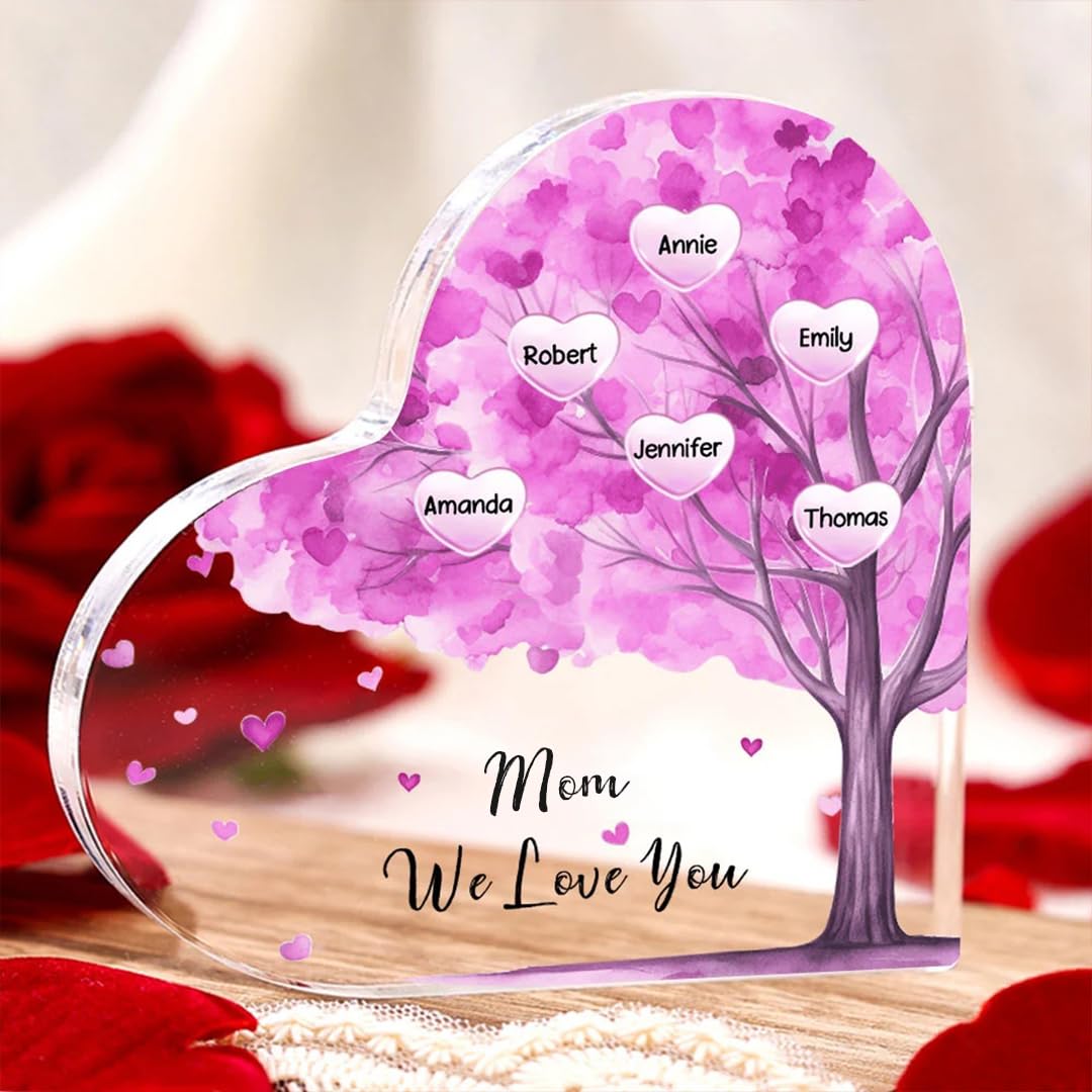 Mothers Day Gifts for Mom Custom Family Tree Acrylic Plaque Personalized 2-10 Family Names Tag Home Family Decorative Signs Birthday Gift for Mom Grandma 3.9" and 5.9" (6 Names, Purple(3.9"/5.9"))