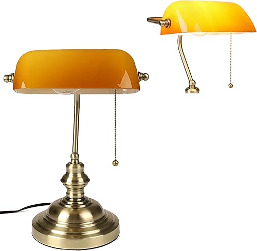 Miniatura 10 de FIRVRE Bankers - Lámpara de escritorio con interruptor de cadena de tracción con enchufe, lámparas de escritorio con pantalla de vidrio negro, base